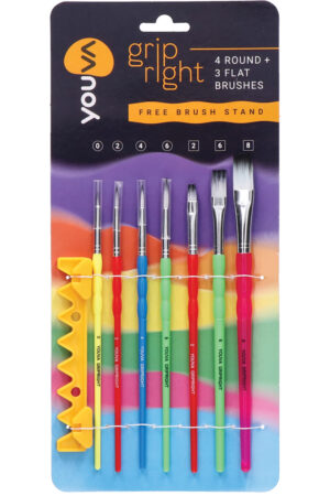 Navneet Youva | Grip Right Round & Flat Brushes |Set of 7 | Pack contains - Brush No. Round 0, 2, 4, 6 & Flat 2, 6 & 8